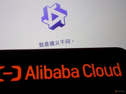 FILE PHOTO: The Alibaba Cloud logo is displayed near a screen showing the website of its Tongyi Qianwen AI chatbot, in this illustration picture taken June 28, 2023. REUTERS/Florence Lo/Illustration/File Photo