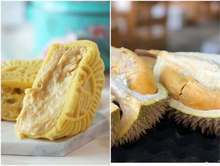 Durian mooncakes (left) have more sugar content than durians (right).