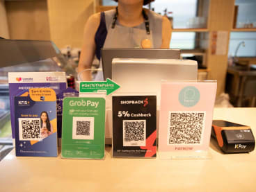 Contactless payment methods at ice cream cafe O Happi Place on Oct 24, 2023. 