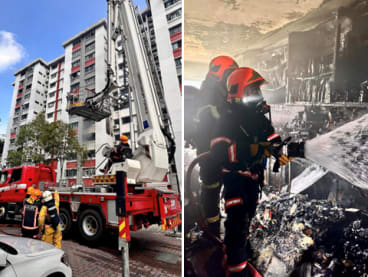 A combined platform ladder was deployed at the rear of the block to aid in the firefighting (left) and SCDF personnel carrying out damping down operation in the kitchen area (right).